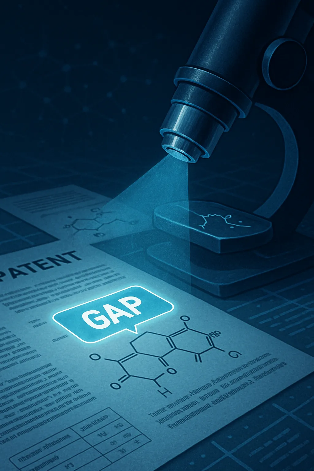 Digital microscope scanning a scientific patent document and highlighting the word "GAP" above a molecular structure, representing in silico patent analysis to detect intellectual property gaps and drive new scientific discovery.