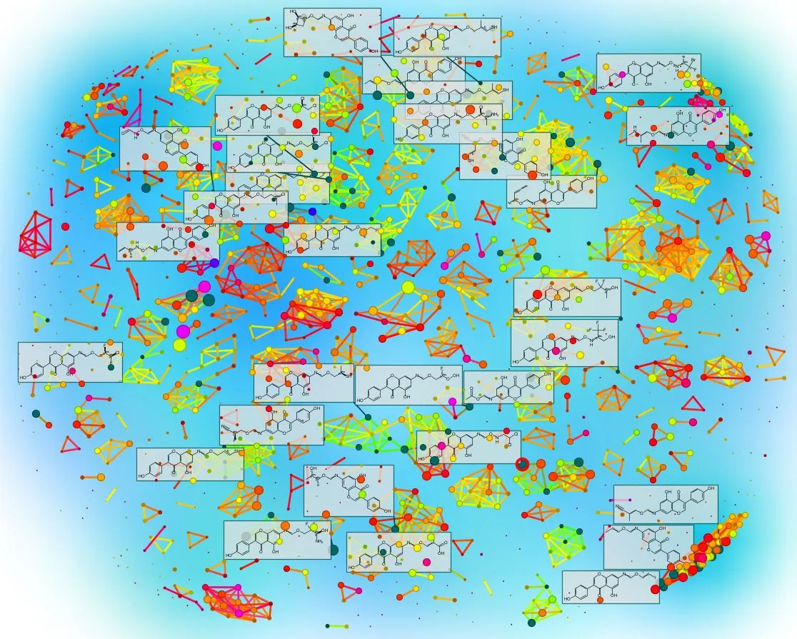 Visualisation of a large-scale molecular network showing diverse natural compounds and structural motifs mapped in colourful clusters, representing computational exploration of chemical space.