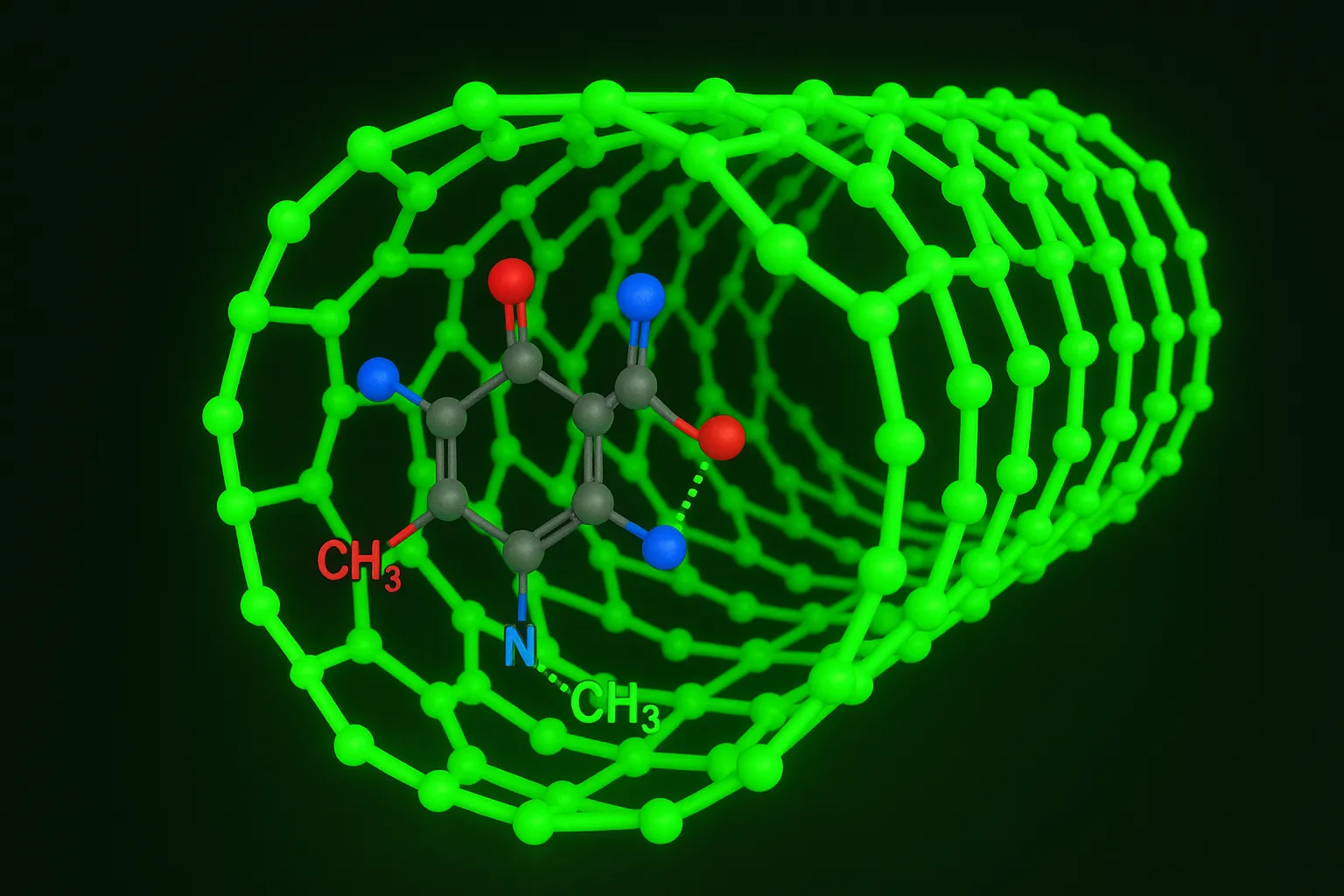 Molecular model of a drug-like compound encapsulated inside a fluorescent green carbon nanotube. The compound shows methyl, nitrogen, and oxygen atoms highlighted in red and blue, representing key functional groups used in predictive toxicology and nanomaterial interaction studies.