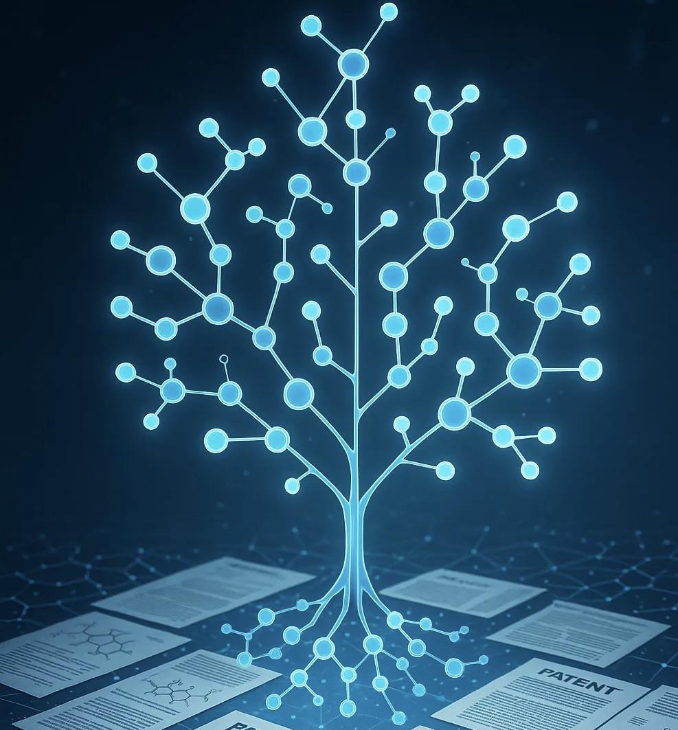 Illustration of a molecular structure forming a branching tree over patent documents, symbolising in silico techniques used to map innovation pathways and identify opportunities in intellectual property landscapes.