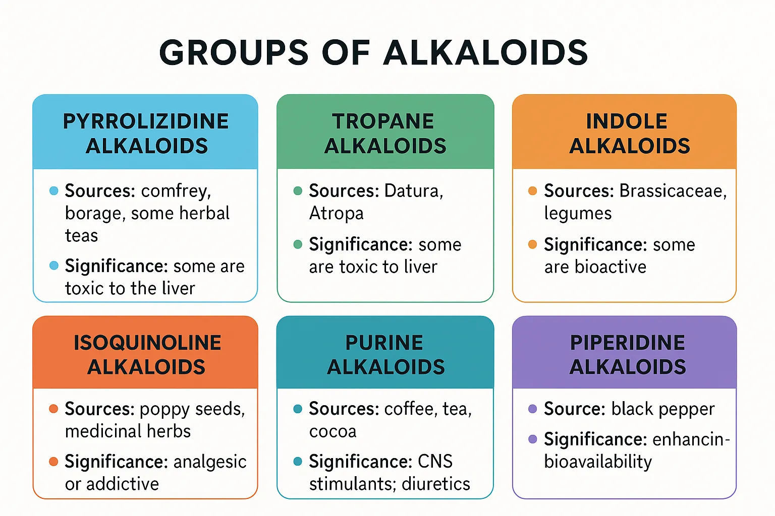 Chart showing six major groups of alkaloids (pyrrolizidine, tropane, indole, isoquinoline, purine, and piperidine) with sources and biological significance.