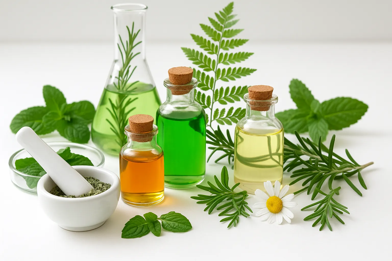 Glass bottles with colourful herbal extracts, rosemary, mint leaves, chamomile flower, and a mortar with ground herbs representing natural ingredients used in predictive toxicology assessments.
