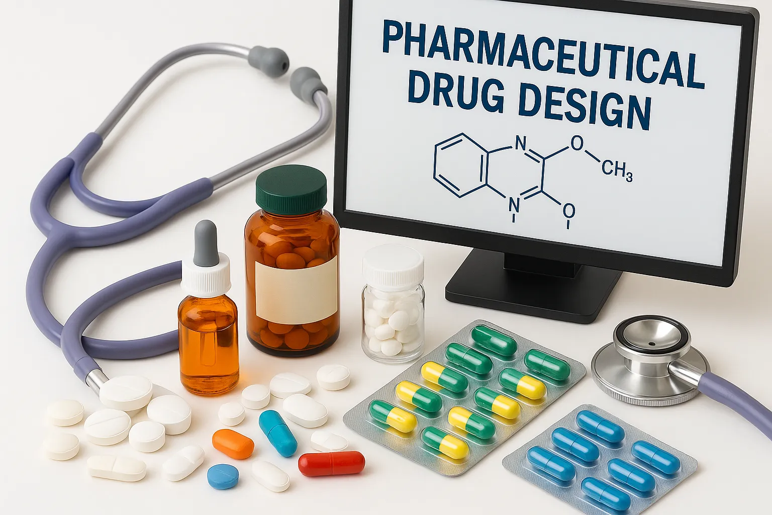 Tabletop scene with a stethoscope, pill bottles, various tablets and capsules, and a monitor displaying a molecular diagram under the heading “Pharmaceutical Drug Design”, representing predictive toxicology in multidisciplinary R&D and product development.