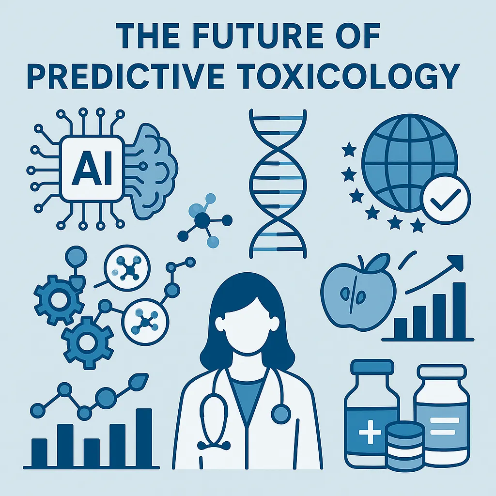 Illustration featuring AI, DNA, molecules, graphs, healthcare, and regulatory symbols, representing advanced data-driven approaches in predictive toxicology for global safety and innovation.