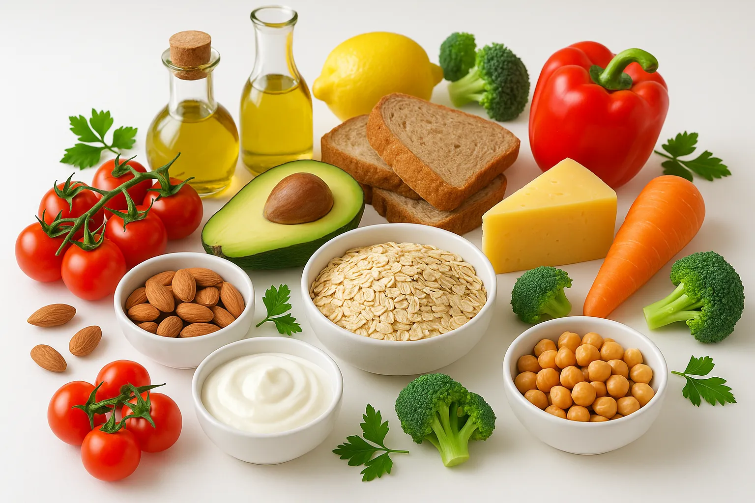 Assorted healthy foods including grains, nuts, avocado, vegetables, oils, and dairy, representing common ingredients assessed in predictive toxicology for food safety and novel formulations.